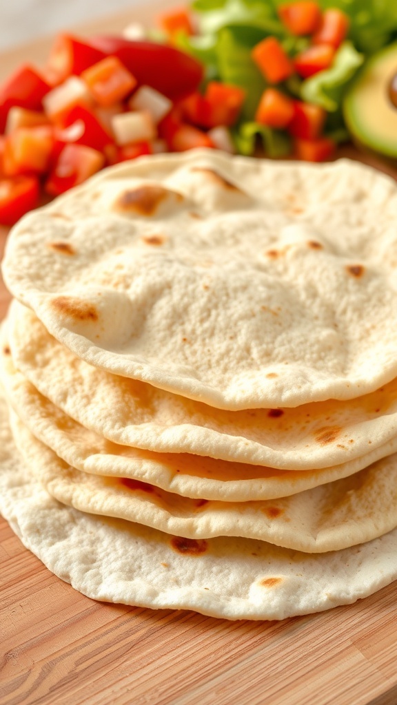 Freshly made flour tortillas stacked on a wooden board, surrounded by fresh ingredients.